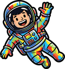Obraz premium Happy astronaut in colorful spacesuit floats in space, waving.