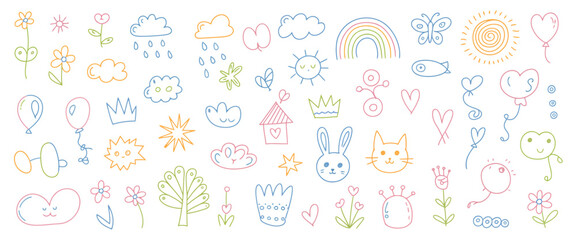 Childlike Doodle Vector Set, Scribble Flowers, Hearts, Clouds with Rainbow Background, Hand-Drawn Sketch Style Perfect for Children’s Artwork and Fun Illustrations