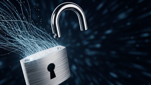 Open padlock with data streams flowing into digital void, conceptual photo illustrating cybersecurity risk, data protection, and business vulnerability