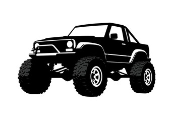 A black off road vehicle with oversized tires on a white background in vector art