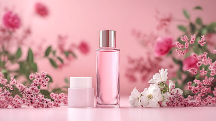 Still life of pink perfume bottle and cream jar with floral decorations