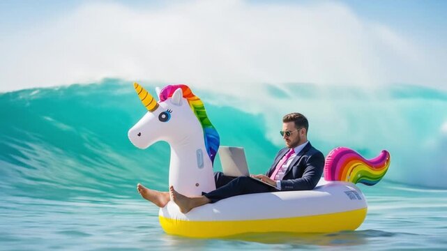 A businessman works remotely on a laptop while riding an inflatable unicorn in the ocean with a large wave in the background