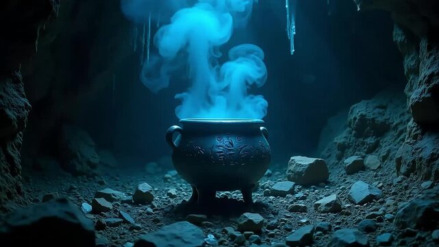Mysterious cauldron bubbles with eerie blue smoke in a dark, rocky cave setting for Halloween.