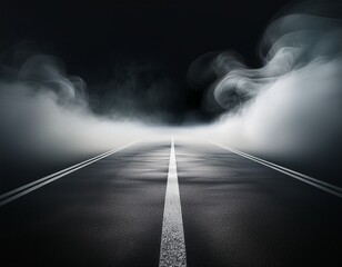 dark asphalt road with white lane marking in thick smoke clouds racing scene atmosphere with dramatic fog effects on black background moody street surface for speed competition or auto presentation