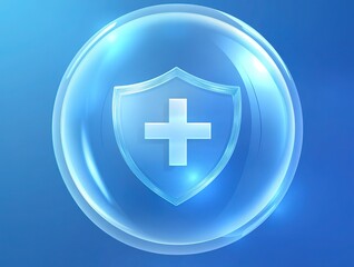 Fototapeta premium Bubble Medical Icon with Cross Shield: Vector Glass Texture 3D Rendering on Blue Background