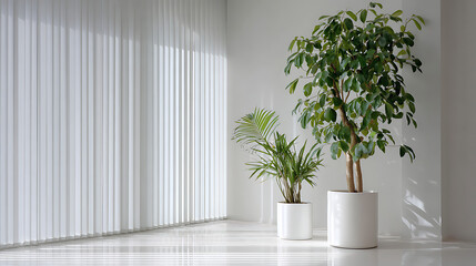 Lush green potted plants in a bright white minimalist interior with vertical blinds image