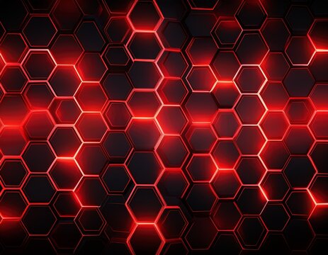 hexagon game background with glowing red honeycomb grid on black surface abstract geometric pattern of connected cells for futuristic interface design digital technology bg with luminous edges