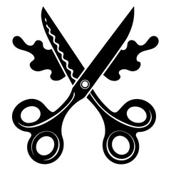 A pair of black scissors with a zigzag blade cutting through a black splatter isolated on a white background