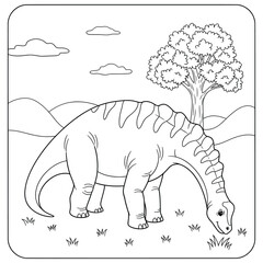 Cute Dinosaur Coloring Page – Long-Neck Herbivore Grazing in Prehistoric Landscape for Kids