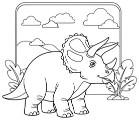 Cute Triceratops Dinosaur Line Art for Kids Coloring Book – Fun Prehistoric Scene with Clouds and Plants