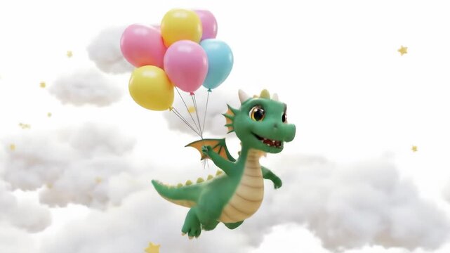 Adorable Baby Dragon Soaring Through Clouds with Balloons - A charming 3D-video baby dragon joyfully flies among fluffy white clouds, holding onto a bunch of pastel-colored balloons.