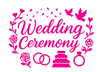 Wedding Ceremony Typography with Celebration Elements, Black Vector Text Designs with Rings, Hearts, Champagne Glasses, Doves, Floral Ornaments, and More, Editable Formats: AI, EPS, JPG, PNG, 
