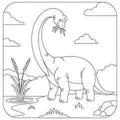 Cartoon Dinosaur Coloring Page – Cute Long-Neck Herbivorous Dinosaur in Prehistoric Nature Scene