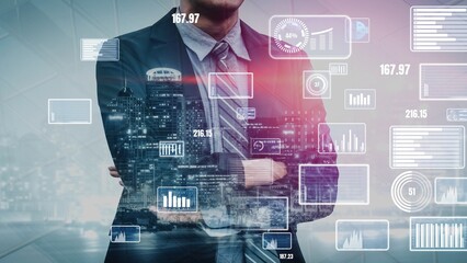 A businessman in a suit stands confidently in front of a modern city skyline, surrounded by digital data visualizations, symbolizing technology and industry growth. Xenic