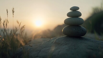 Balanced stones against a golden sunset backdrop symbolizing peace and harmony with nature