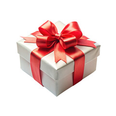 Obraz premium White gift box with red ribbon bow isolated on transparent background