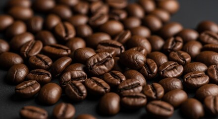 Naklejka premium Roasted coffee beans close-up on dark surface, rich brown hues and aromatic texture