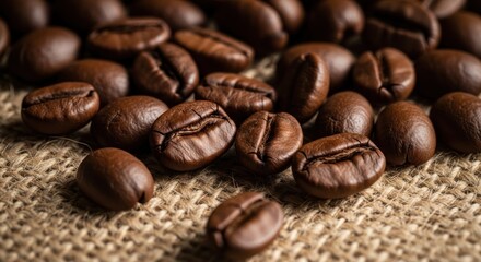 Fototapeta premium Roasted Coffee Beans on Burlap: A Close-Up of Aromatic Delights