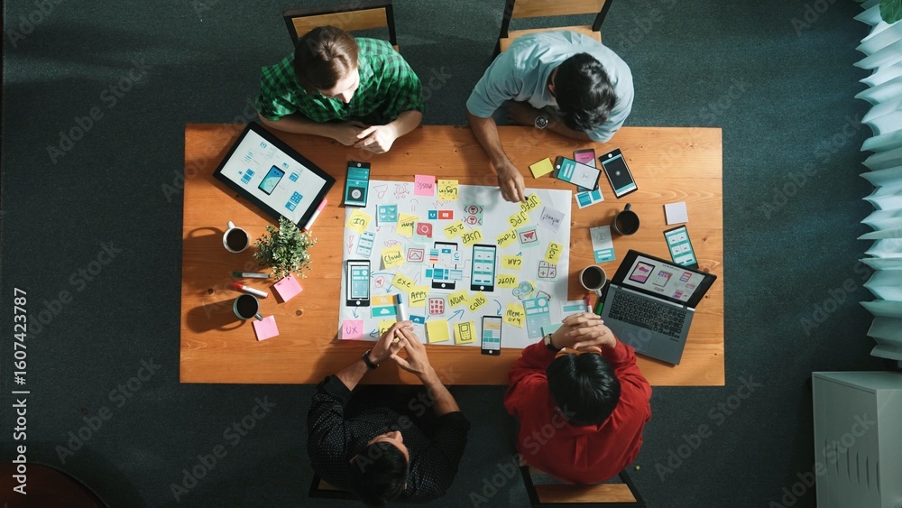 Canvas Prints top view of skilled team putting hand together to celebrate at meeting table while brainstorm idea a