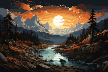 Sunset in the mountains and river landscape scene vector and illustration