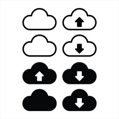Cloud Icons with Upload and Download Arrows in Black and White