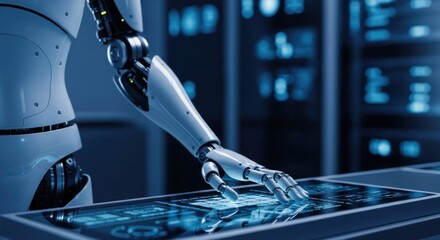 Robotic Arm Interacting with a Futuristic Touchscreen Interface in a High-Tech Environment