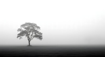 A monochrome landscape featuring a solitary tree standing in a field covered by dense fog and mist