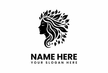 Fototapeta premium Silhouette of a Woman with Leaf Hair Elegant Logo Design.