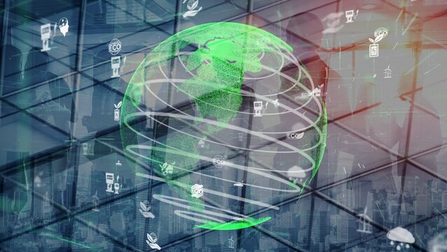 A visually striking digital representation of Earth, adorned with eco-friendly technology icons, against a backdrop of an urban cityscape promoting sustainability. Xenic - Powered by Adobe