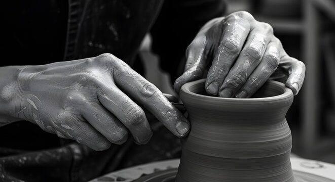 Close up of hands shaping clay on a pottery wheel in a black and white artistic photograph style