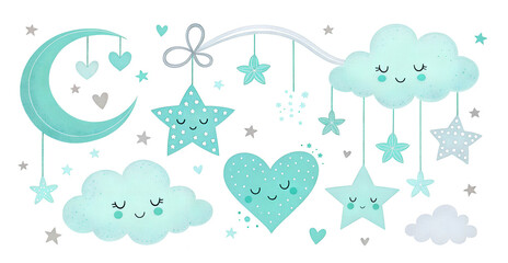Peaceful blue and mint color palette illustration of baby mobile with moon, stars, clouds and hearts. Ideal for nursery decoration, baby card designs, lullaby themes, and soft pattern prints