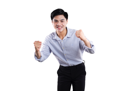 Man in Joyful Victory: A triumphant man with clenched fists and an exuberant smile, radiating pure delight and success. An expression of ultimate achievement!