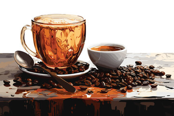 splashing coffee with coffee beans, isolated on white background,  vector and illustration 