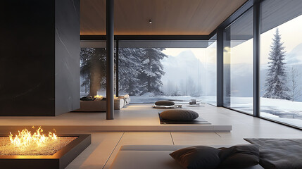 Interior view of modern home with fireplace and snowy mountain landscape