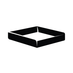 A minimalist black square frame icon with stylized curved inner corners and a subtle perspective view.