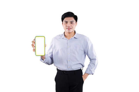 Smart Presentation: A sharply dressed individual presents a smartphone. The individual's focused demeanor, the screen's potential for display.