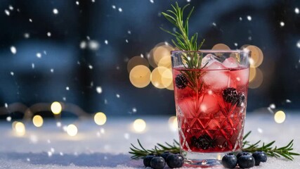 Cranberry Rosemary Cocktail in Snowy Winter Setting - A refreshing cranberry cocktail garnished with rosemary sits on a snowy surface, illuminated by soft, warm bokeh lights. - Powered by Adobe