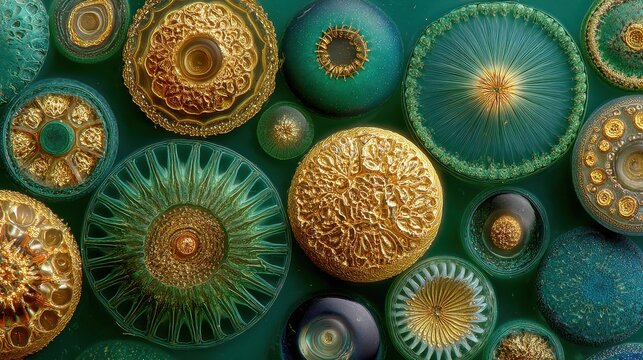 Intricate diatom silica structure in emerald green, microscopic pattern for scientific visuals and biology themes.