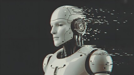 Digital Disintegration: Futuristic Robot Head, Glitch Art Style, Dark Moody Aesthetic