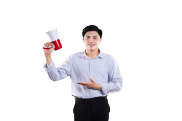 Announcing The Presentation: A young professional, full of confidence and dynamism, holds a megaphone, ready to make an announcement in a vibrant scene, showcasing modern communication.