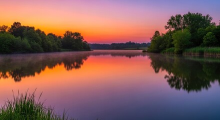 Obraz premium Serene lake reflecting vibrant sunrise colors, framed by lush green trees and reeds