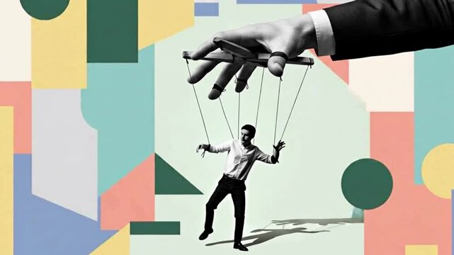 A puppet controlled by strings represents manipulation and the struggle for power in business and society