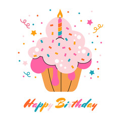 Birthday cupcake. Sweet decorated muffins with strawberry cream for holiday birthday celebration, bakery dessert with colorful sprinkles and cake candle for party. Vector cartoon illustration