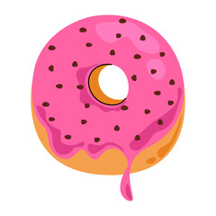 Sweet donut. Glazed ring doughnut, flat sugar pastry with icing sprinkles, cartoon delicious bakery snack with chocolate sprinkles. Vector isolated illustration