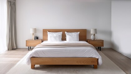 front view of a wooden bed with a simple headboard dressed in white linens and two white pillows positioned against a plain white wall
