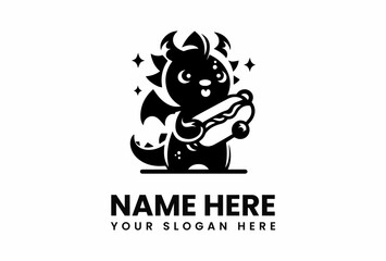 Stylized Dragon Character Holding a Hotdog Black and White Vector Illustration.
