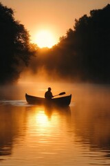 Silhouette of individual in small boat on foggy river at dawn, capturing a serene morning scene