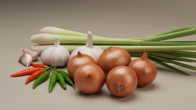 Fresh Asian Cooking Ingredients - A close-up shot of various fresh Asian cooking ingredients, including lemongrass stalks, garlic bulbs, onions, and chili peppers, arranged neatly on a neutral