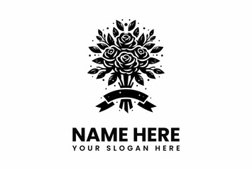 Stylized Rose Bouquet with Ribbon and Foliage in Black and White Silhouette.