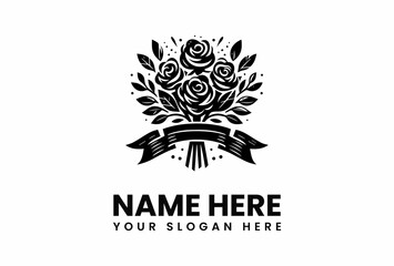 Stylized Rose Bouquet with Ribbon Banner Black and White Floral Design.